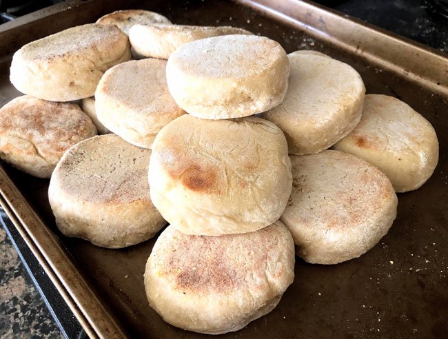 soft sourdough english-muffins-on-tray